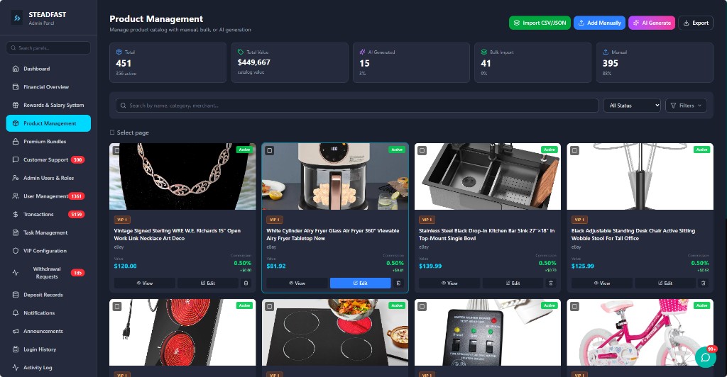 Admin product management interface with catalog and actions